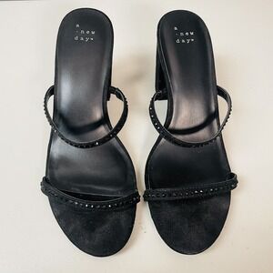 A New Day Black Womens 9 2 Strap Open Toe Rhinestone Block Heels Dancing Witchy
